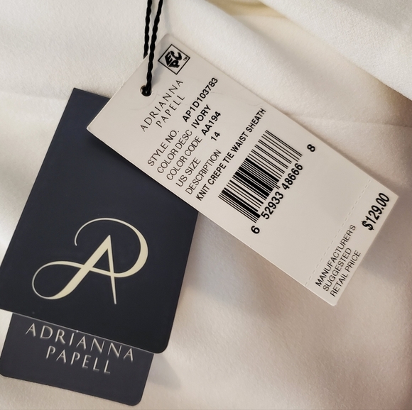 Adrianna Papell Ivory Knit Crepe Tie Waist Sheath Dress Size 14 MSRP $129 - Picture 2 of 2